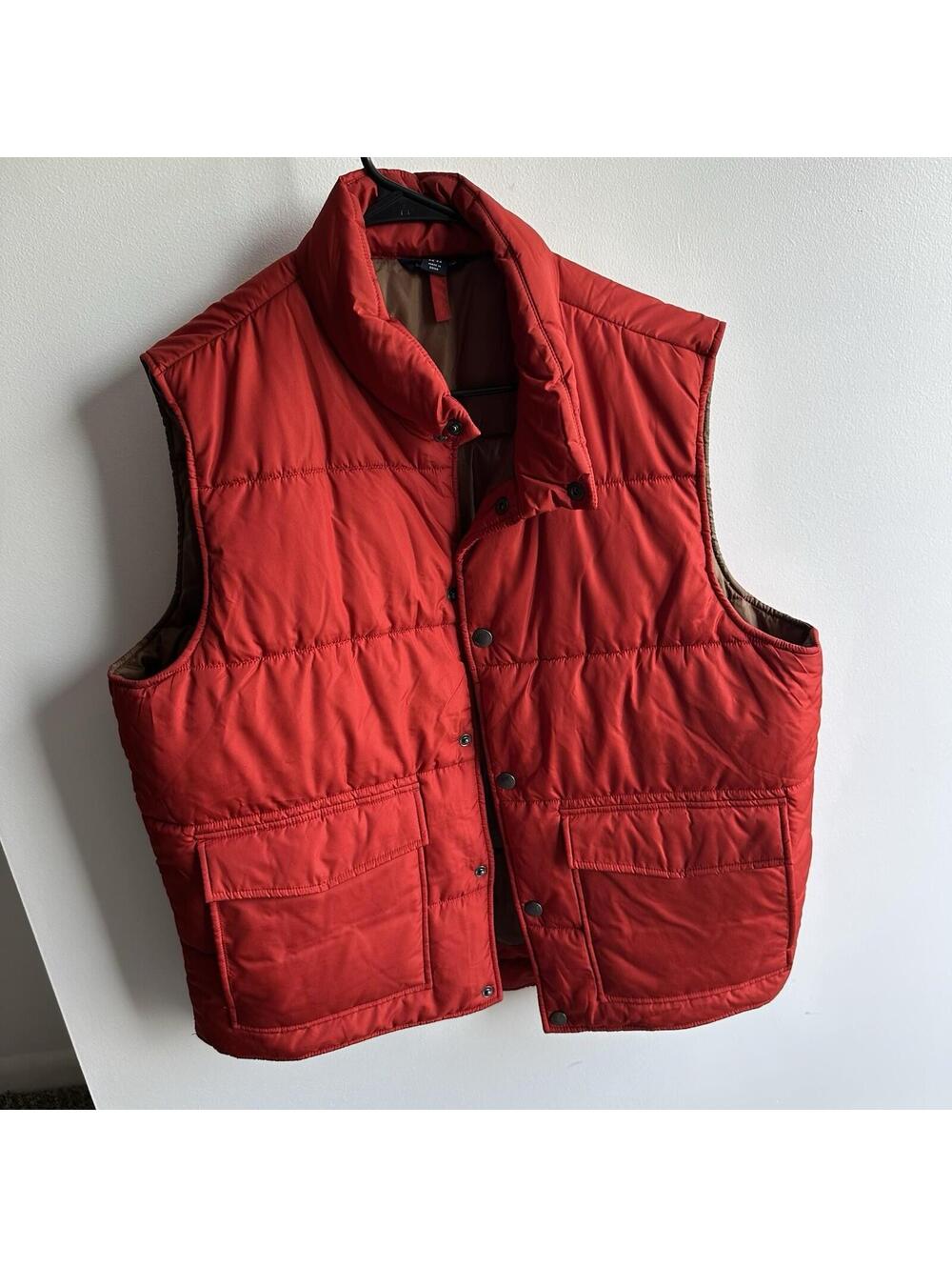 Lands' End Quilted Vest Mens L 42-44 Red Orange Full Snap Pockets Insulated